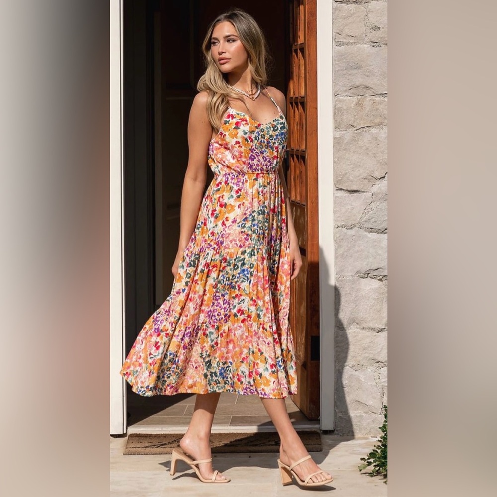 GILLI Floral Crisscross Back Tiered Boutique Midi Dress - Plus Size 1X